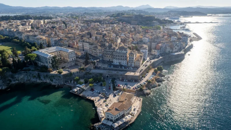 Luchtfoto van Corfu-stad met de oude stad en de kust