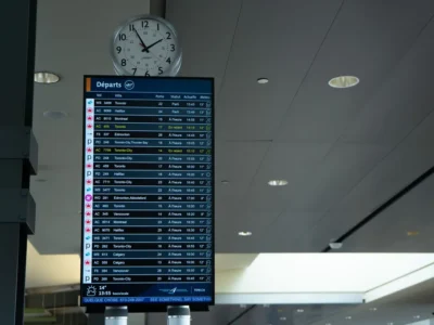Vertrekbord op een vliegveld met vluchttijden en een klok aan de muur erboven