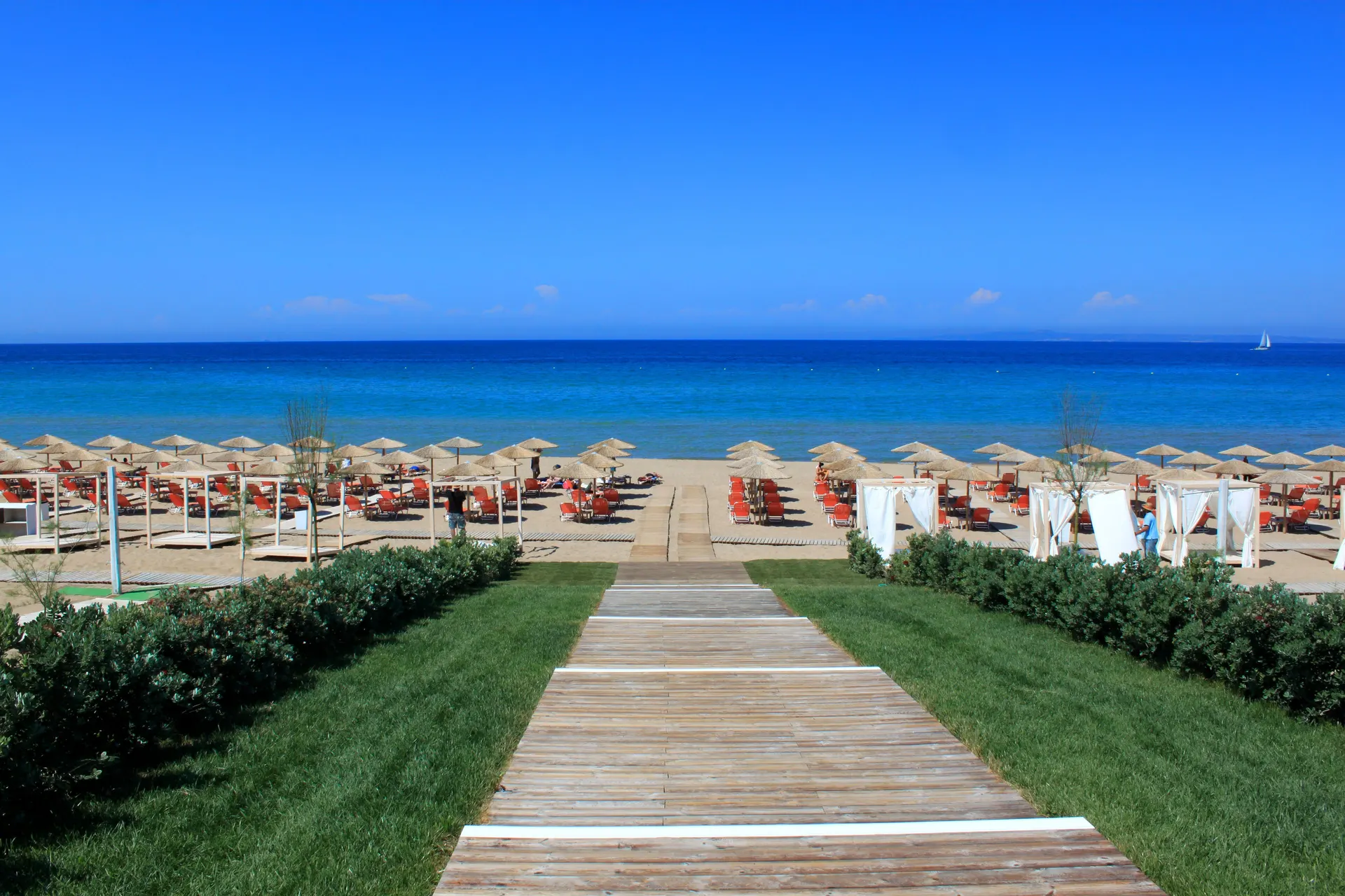 Strand op Zakynthos met rijen parasols en helder blauw water